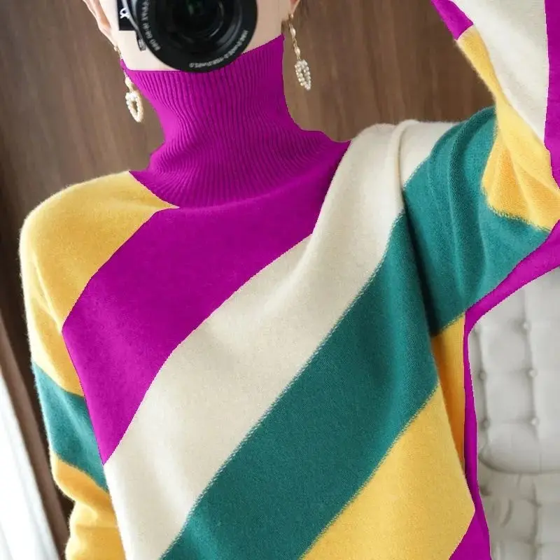 

Women's Turtleneck Sweater 2023 Winter Wear Knitwear Loose Bottoming Shirt Thickened Striped Contrast Color Korean pullover