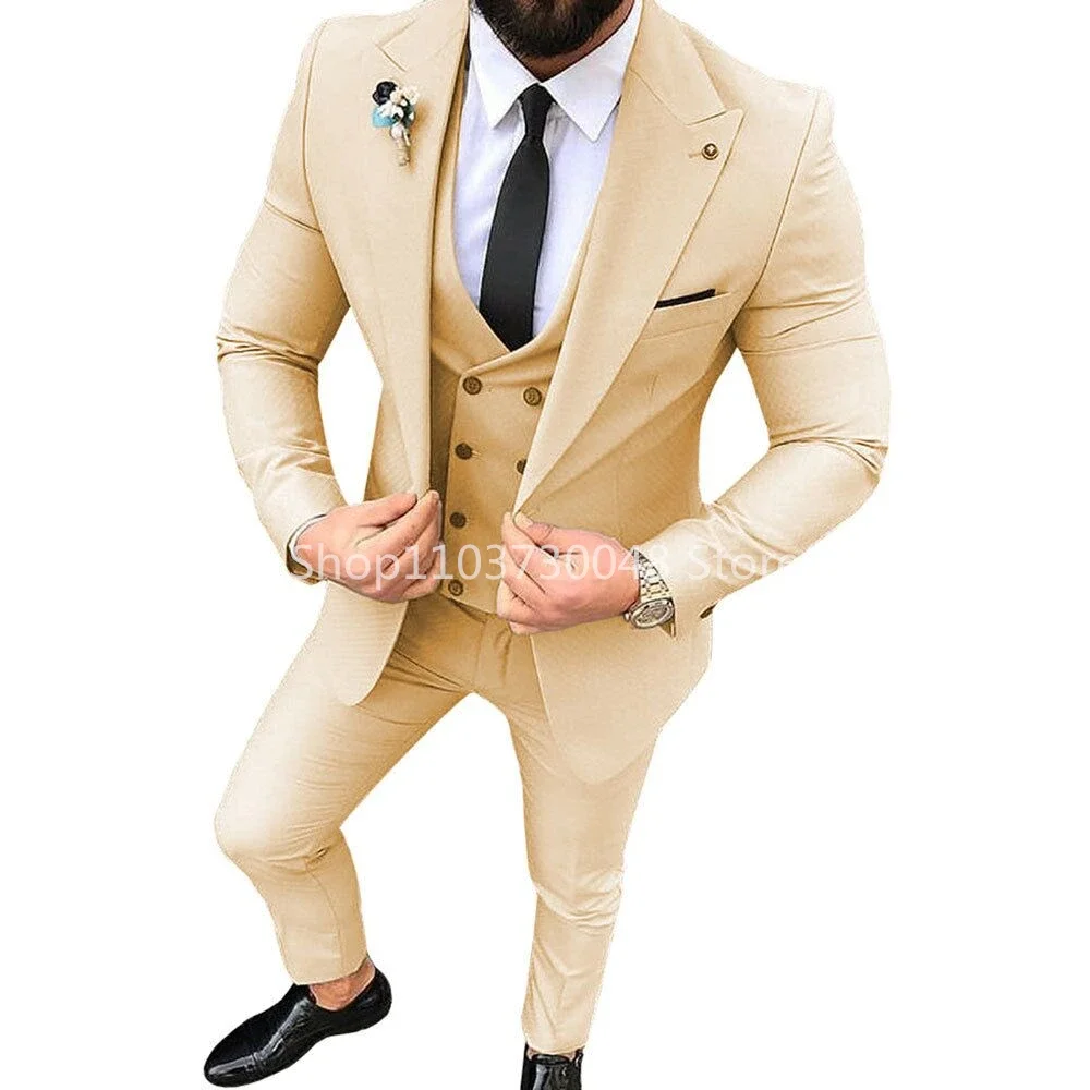 Solid Men's 3 Pieces Suit One Button Peak Lapel Jacket Vest Trousers Dinner Wedding Tuxedos Slim Fit Formal Business Suits