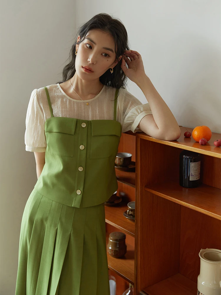 DUSHU 여성용 프렌치 패션 쓰리피스 수트, 니치 디자인, 가벼운 셔츠, 작은 조끼 스트랩, A라인 플리츠 스커트, 여름