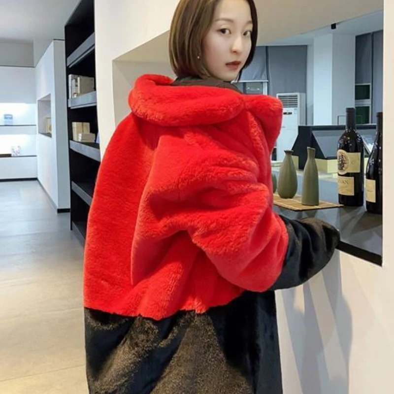 2023 New Women Winter Faux Rex Rabbit Fur Coat Long Pattern Splicing Simple Overcoat Thicken Loose Jacket Warm Trend Outwear