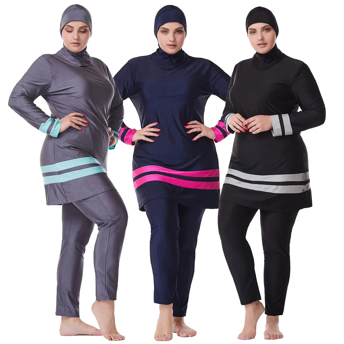 XL-6XL 3pcs Muslim Swimsuits Full Coved Long Sleeve Islamic Women Swimwear Elegant Lady Bathing Pool Bourkinis Arabic Zwembroek