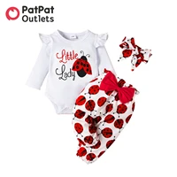 PatPat 3pcs Baby Girl Clothes New Born Overalls Newborn Baby Stuff Infant Long-sleeve Ladybug Romper Bowknot Headband Set 1