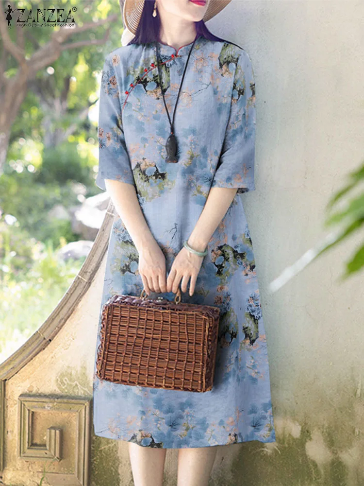 

ZANZEA Bohemian Vintage Sundress Summer Women Floral Printed Dress Elegant Short Sleeve Work Vestidos Holiday Party Midi Robe