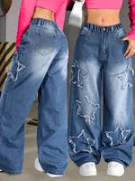 Nouveau jean droit tendance Y2K cinq étoiles pour fille, taille élastique, tissu confortable, adapté à toutes les saisons à porter. 1