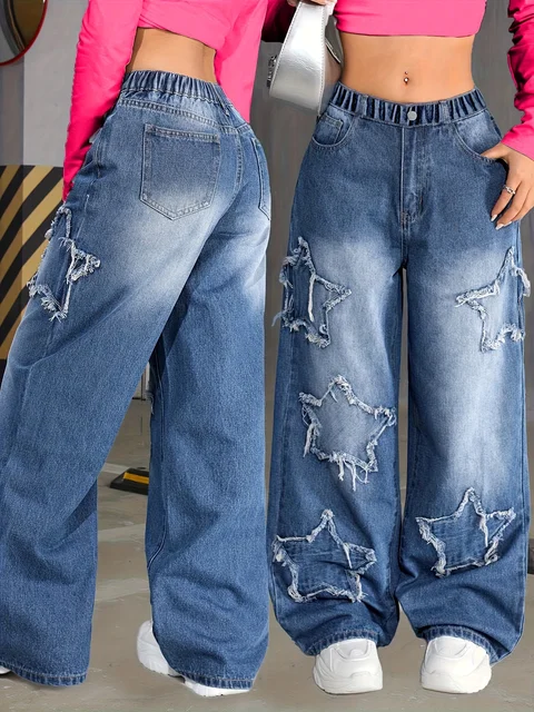 Nouveau jean droit tendance Y2K cinq étoiles pour fille, taille élastique, tissu confortable, adapté à toutes les saisons à porter. 1