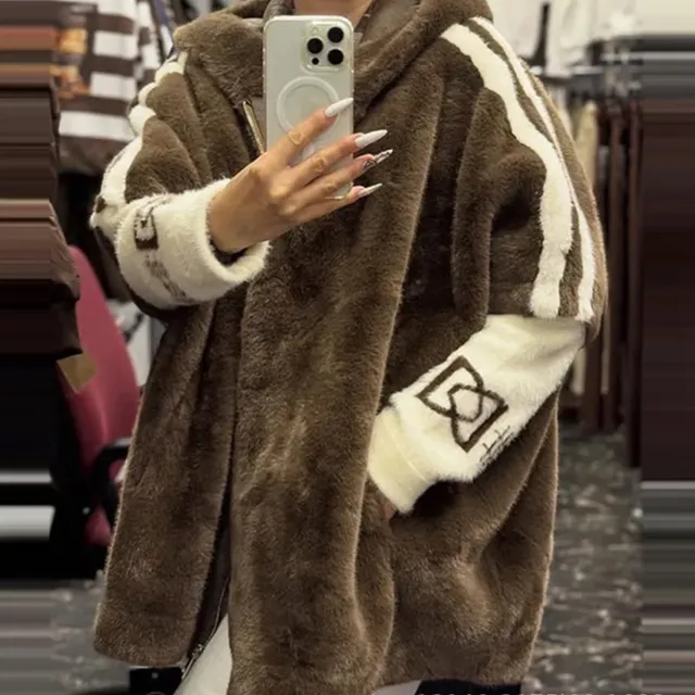 Casual Warm Plush Women's Coat Fashionable Zipper Cardigan With Baton Sleeves Loose Hooded Coat Autumn Winter New Commuting Wear 6