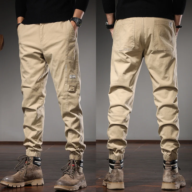 Autumn Khaki Cotton Casual Pants Men Fashion Korean Style Slim Fit Elastic Waist Trousers