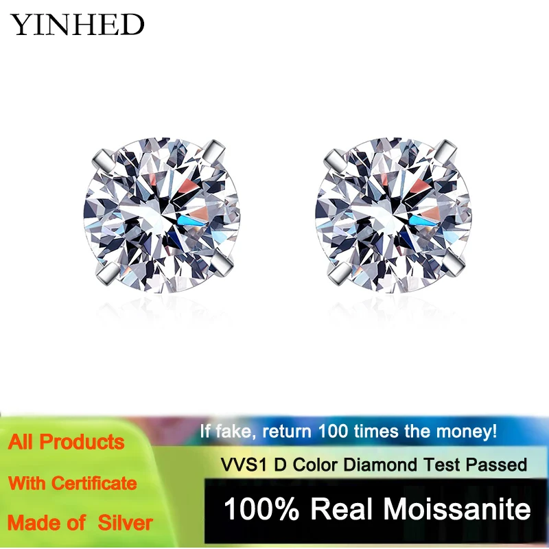 

YINHED 100% 925 Sterling Silver Four-Claw Earring 0.5CT/0.8CT/1.0CT/2.0CT Moissanite Diamond Stud Earrings for Women Men Jewelry