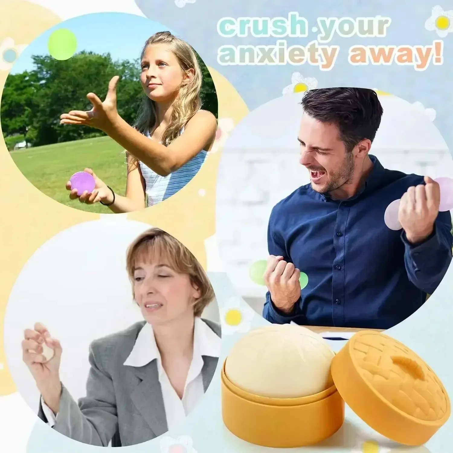 Colorful Dumpling Stress Balls Fidget Sensory Toy Squeeze Dough Ball Stress Relief Hand Toy Bun Food Steamer Stretchy Desk Stress Balls