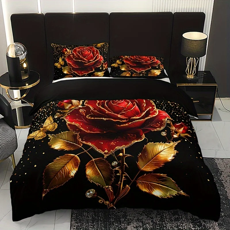 3pcs Luxurious Golden Rose Duvet Cover Set - Includes 1 Duvet Cover & 2 Pillowcases, Breathable Polyester