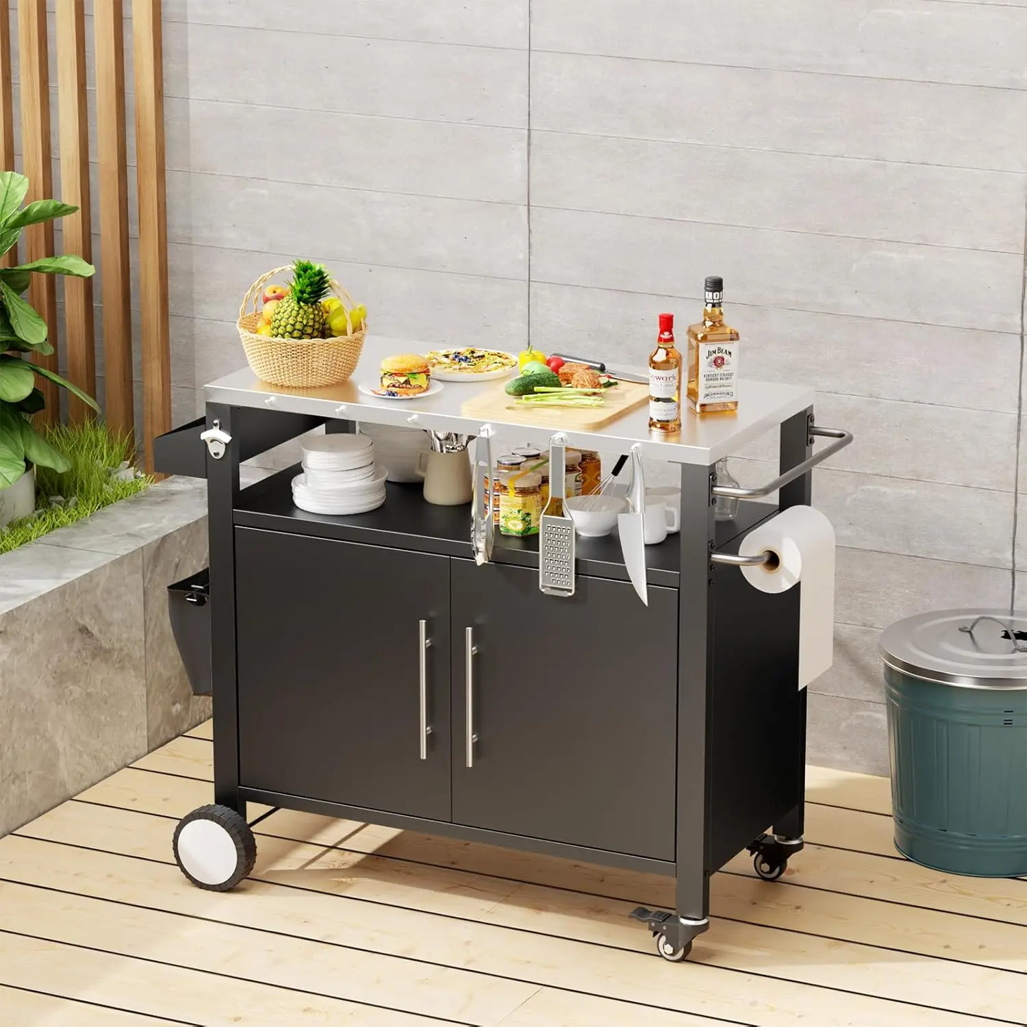 Outdoor Grill Cart with Patio Furniture, Rolling Bar Cart Outdoor BBQ Cart with Hooks and Spice Rack for Grilling