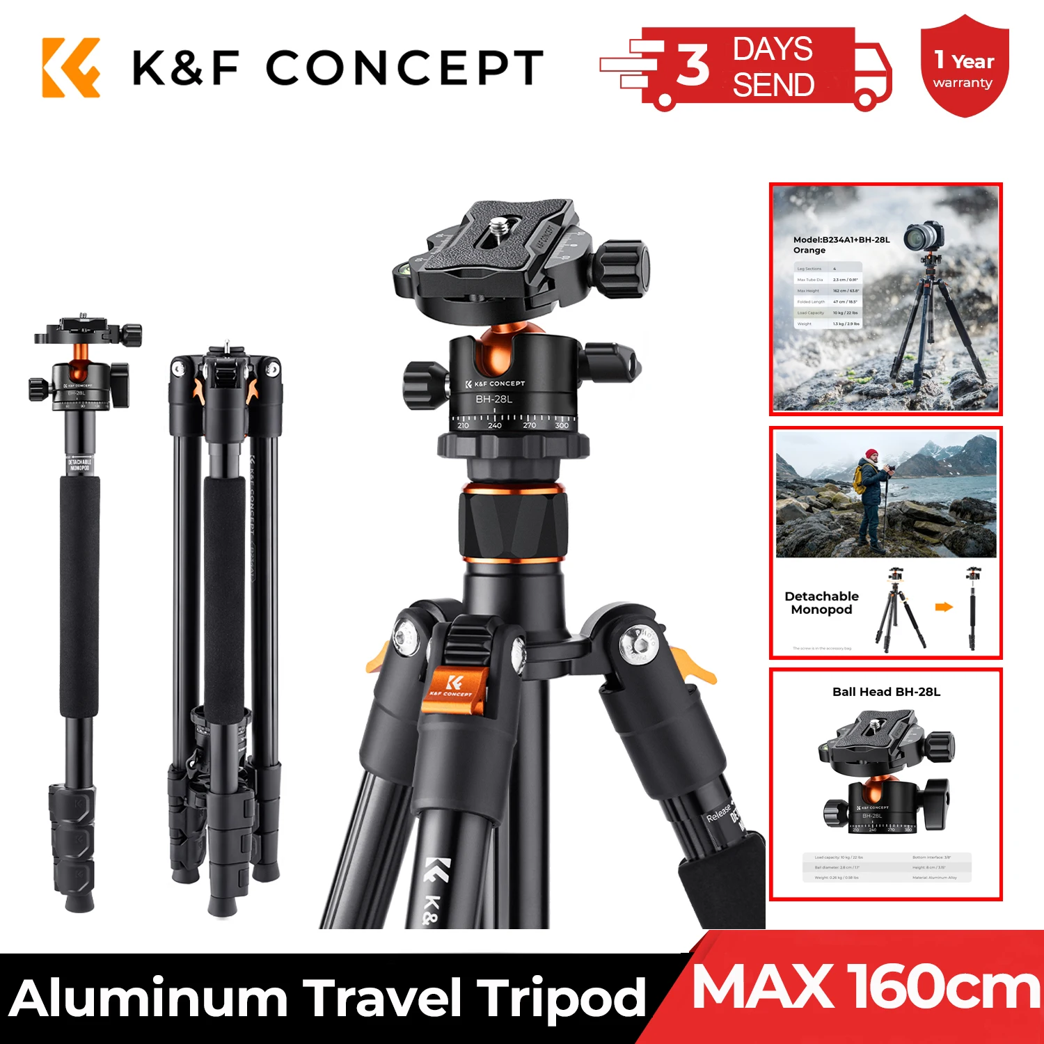 K&F Concept 1.6m Lightweight Travel Tripod Aluminum Alloy Tripod 10kg/22lbs Load Tripod Detachable Monopod for Nikon Iconic Brand Leica