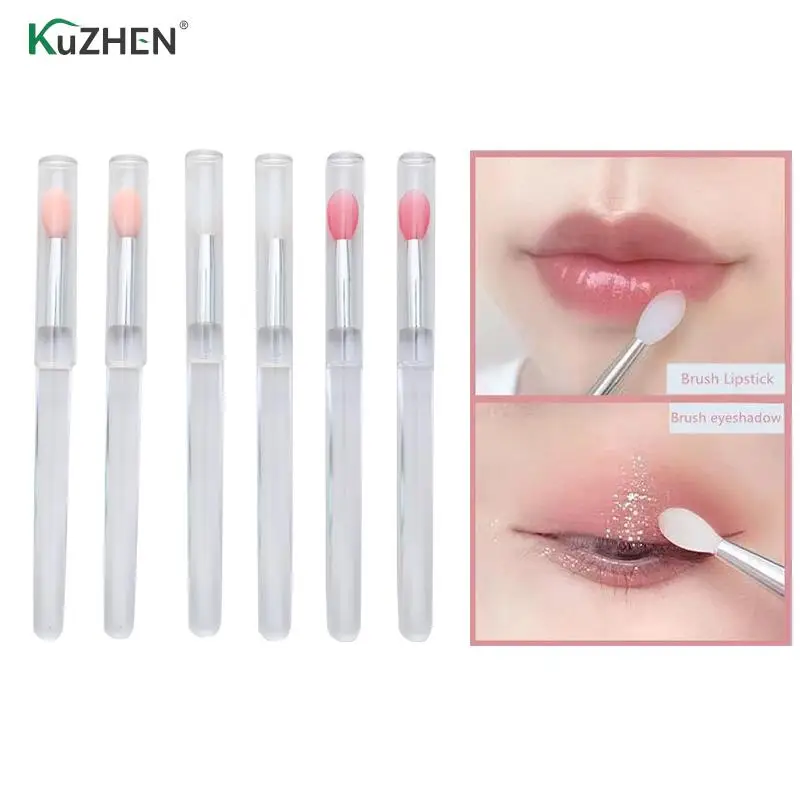 2pc Portable Makeup Lip Brush With Dust Cap Silicone Lipstick Gloss Lip