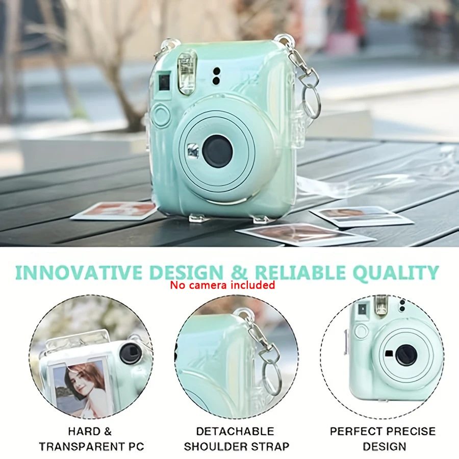5-Piece Set Clear Protective Case-Camera Case Compatible with Fujifilm Instax Mini 12, Hard PC with 2 Straps and Stickers