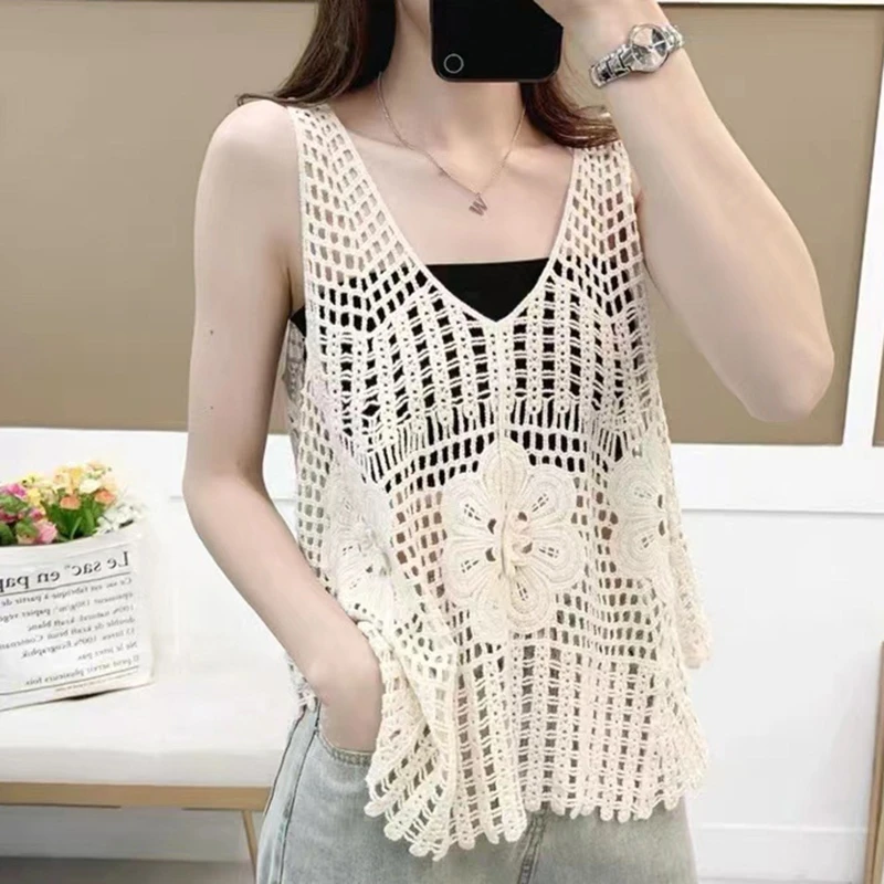 Womens Sexy Summer Crochet for Tank Tops Casual Sleeveless Loose Fitting V  Neck Hollow Out Sweater Vest Cami Shirt Blous