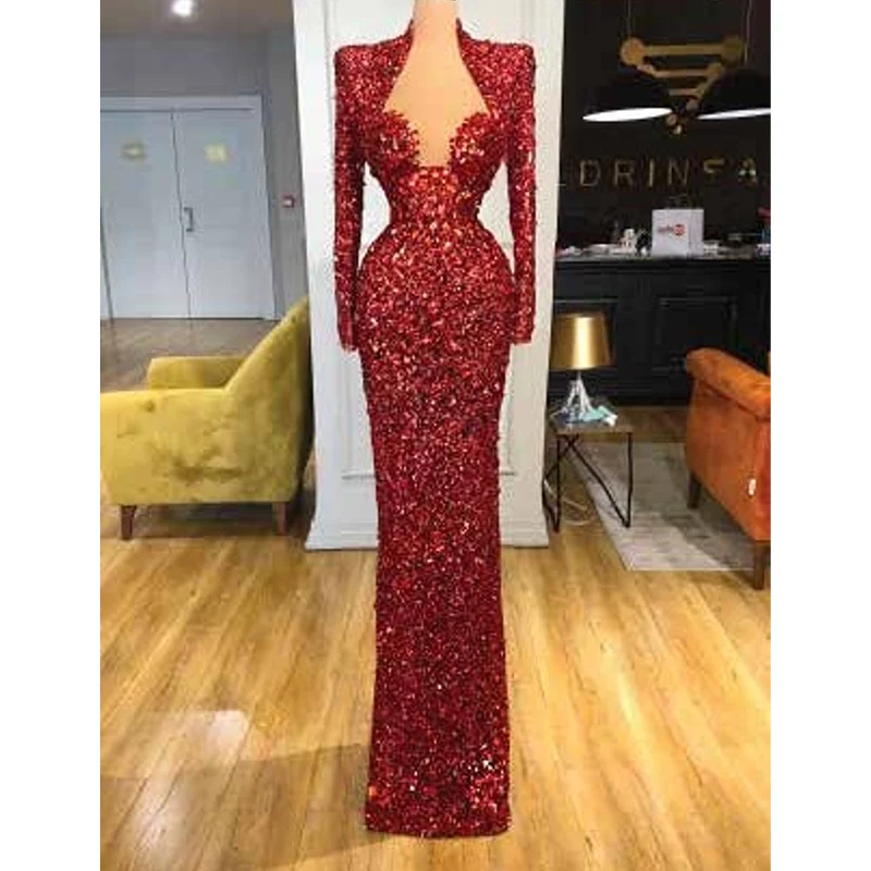 

Elegant Sweetheart Mermaid Prom Dresses Long Sleeves Floor-Length Evening Party Gown Custom Made Sparkle Sequin Vestidos De Gala
