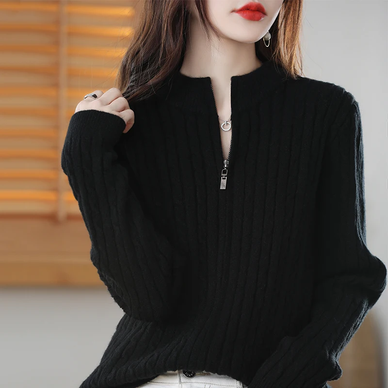 New Autumn And Winter Loose Wool Cardigan Female Zipper Twist Long Sleeve Knit Round Neck Sweater Solid Color Coat Jacket