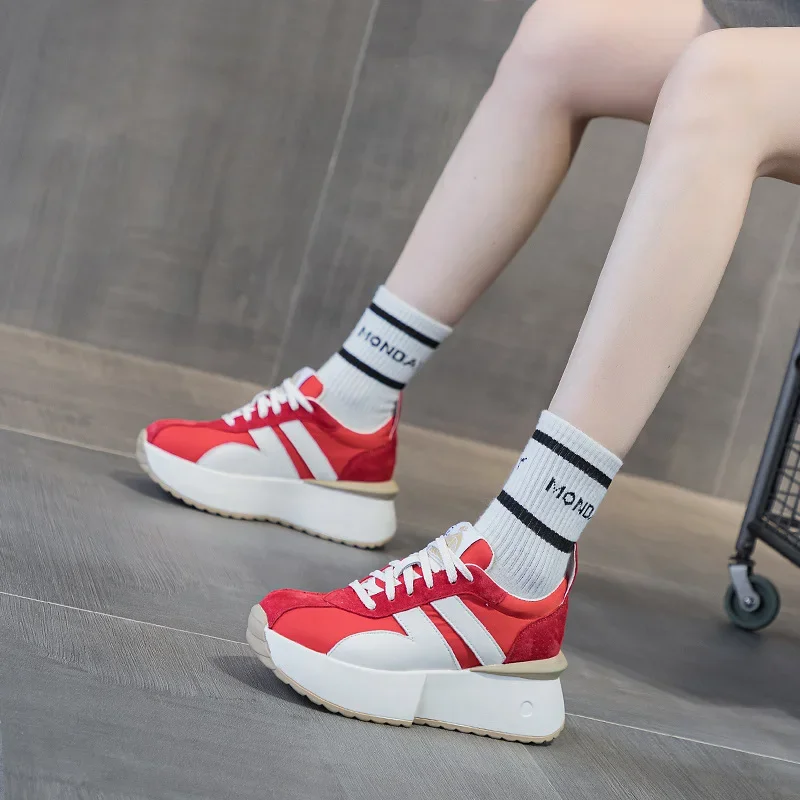 

7cm Genuine Leather Casual Platform Wedge Fashion Women Spring Well-fitting Autumn Chunky Sneakers Lady Shoes Vulcanize