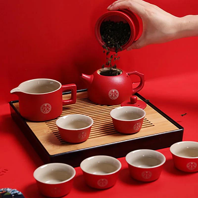 Ceramic Teapot with Infuser, Porcelain Tea Pot, Teaware for Loose Leaf Tea, Chinese Red, Wedding Gift, Party Family, Newlywed
