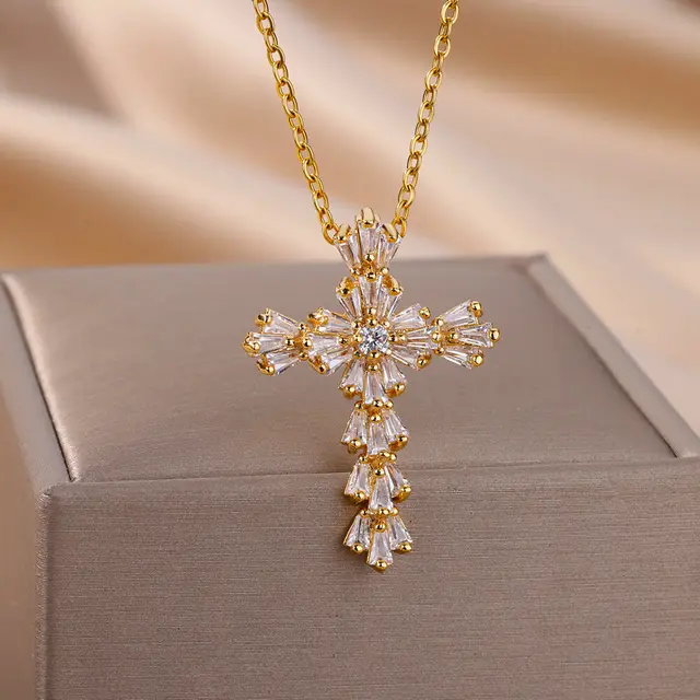 Luxury Zirconia Cross Pendant Necklace for Women Zircon Crystal Stainless Steel Chain Charm New Trend Aesthetic Jewerly collares 1