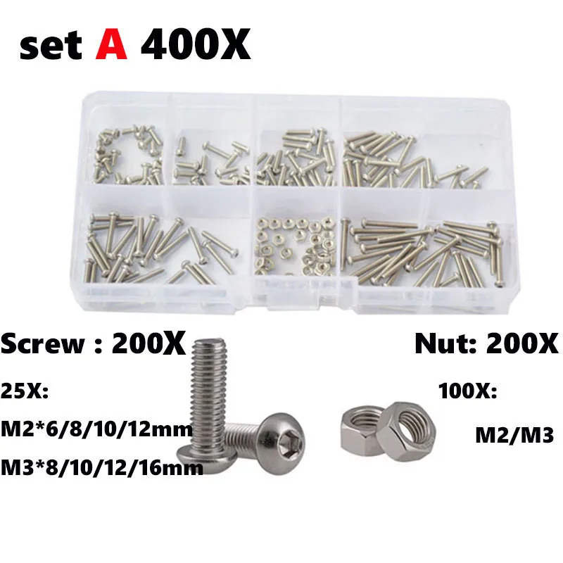 

400-2100X 304 Stainless Steel Allen Hexagon Hex Socket Button Round Head Screw Bolt Nut Washer Set Kit Box M1.6 M2 M2.5 M3 M4 M5