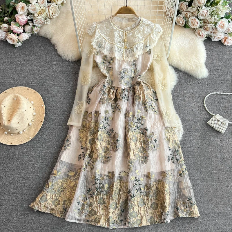 

Весенне-осеннее женское платье, винтажные нежные стильные кружевные лоскутные платья-трапеции средней длины с круглым вырезом, Офисная Женская одежда