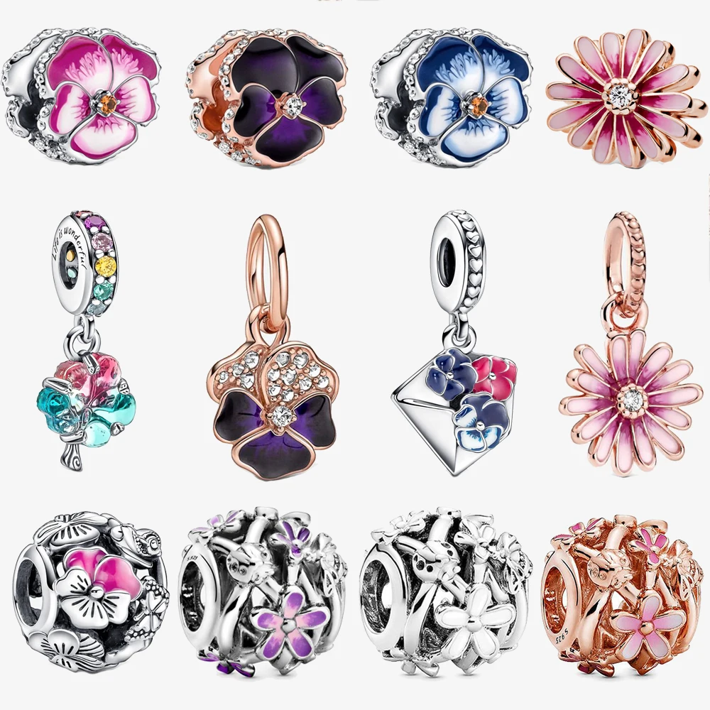 S925 Sterling Silver Color Pansy Daisy Pink Flower Garden Charms For Women Jewelry Accessories Fit Original Pandora Bracelet | Украшения и