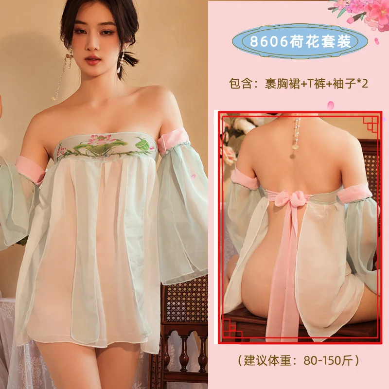 

Fun Lingerie Sexy Ancient Style Wrapped Chest Chiffon Hanfu Lotus Large Size Super Immortal Temptation Uniform Passion Set 8606