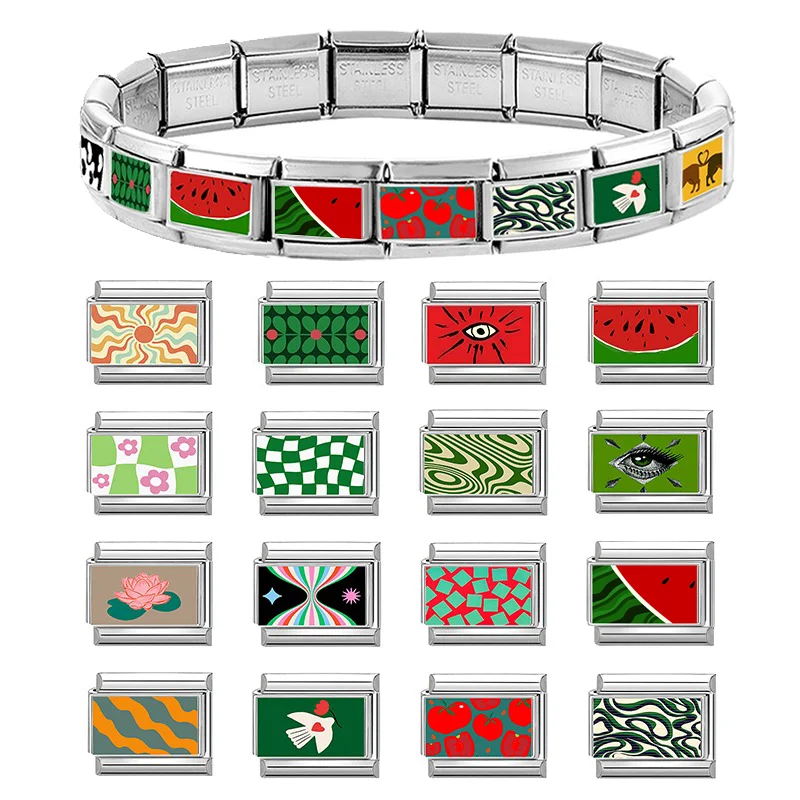 2026 Red Green Watermelon Tomato Stripe Wave Square Round Taichi Italian Charm Fit 9mm Stainless Steel Bracelet Jewelry DIY Gift