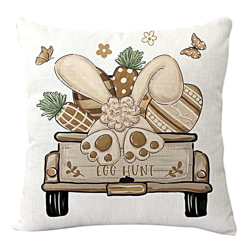 4PCS Easter Pillowcase Farmhouse Home Decor Cushion Cover Cute Bunny Eggs Printed Linen Back Cushion Cover Happy Easter Decor 3