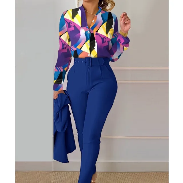 Elegant Women Printed Two Piece Suit Sets Spring Autumn V Neck Long Sleeve Shirt Top & Long Pants Set With Belt Workwear Outfits 5