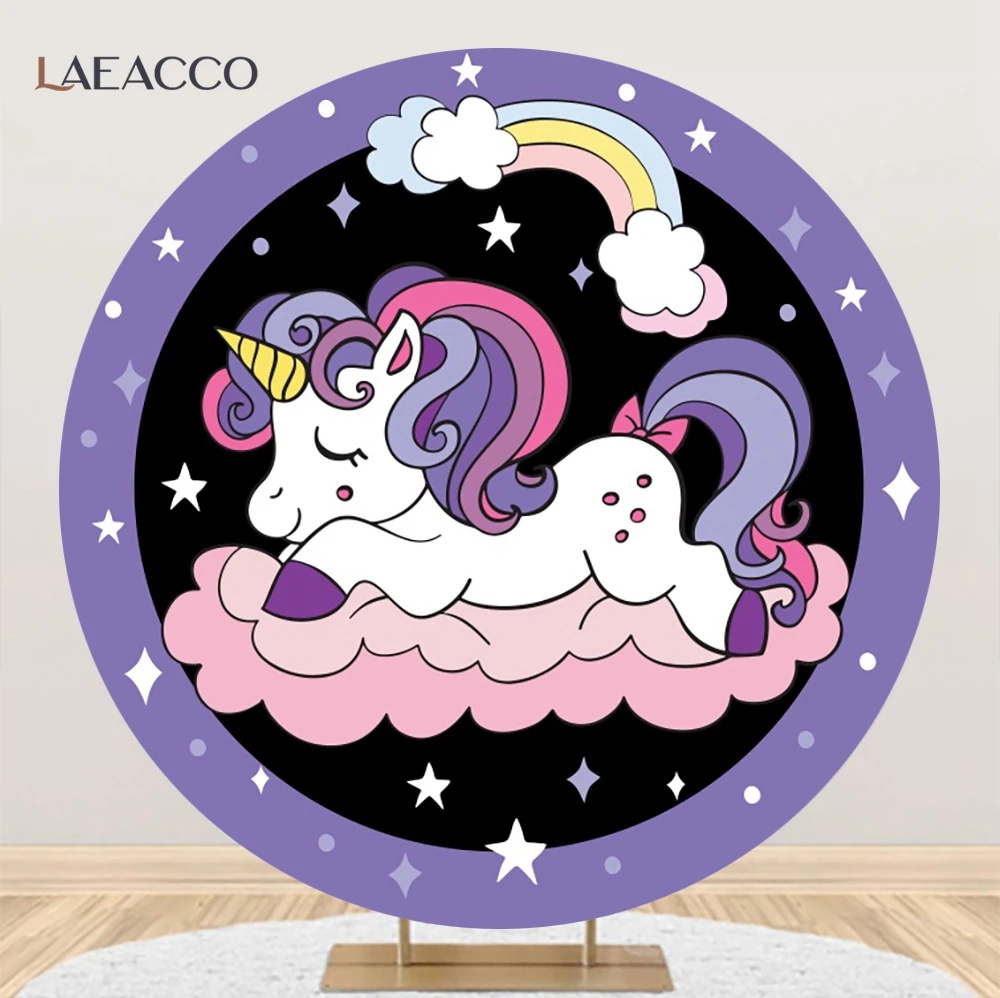 Laeacco-cartoon Unicorn Round Backdrops Suporte Fotográfico Fundo Circular Arco-íris Flores Baby Shower Decoração para Festas de Aniversário - Image 2