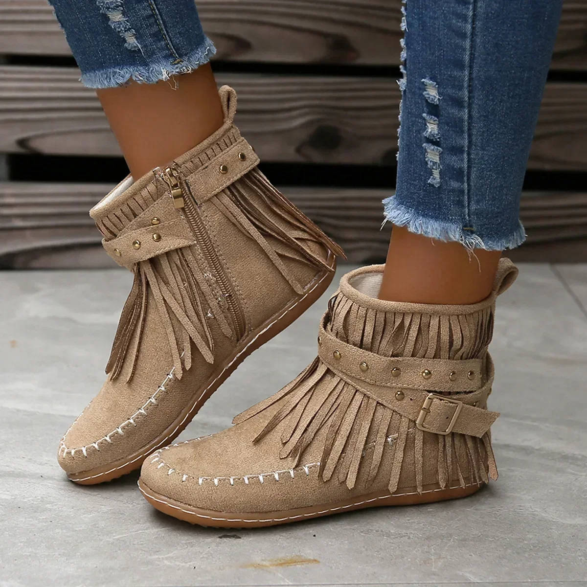 Retro Women Tassels Round Toe Short Boots Boots Women Winter Casual Flat Rivet Buckle Flat Ankle Boots Warm Shoes Footwear