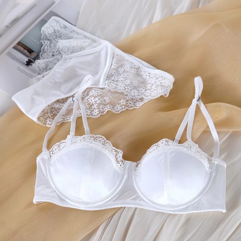 2024 Sexy lace brassiere nude lingerie briefs with steel ring ultra-thin bra set large size women push up half cup underwear set