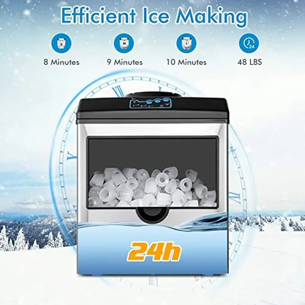 Countertop Ice Maker Water Dispenser Combo 48LBS/24H S-M-L Bullet Ice 6 Mins 5LBS Ice LCD Control Panel Glass Cover Stainless 3