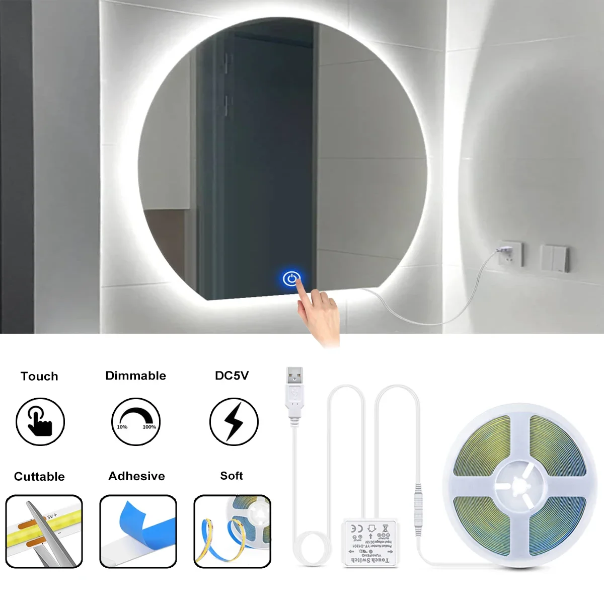 NEW DIY Cuttable USB 5V COB LED Strip Light With Touch Sensor Switch Penetrate Mirror Glass Acrylic For Makeup Table Backlight