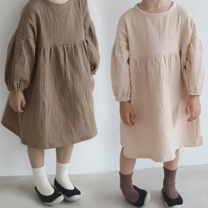

INS Girls Cotton Linen Dresses Casual Lantern Sleeves Long-sleeved Comfort Princess Children's Solid 1-6T Toddler Vestidos