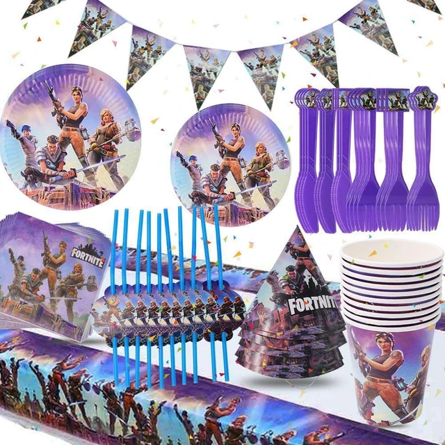Fortnite Birthday Party Decoration Purple Series Birthday Pull Flag Esential Set Party Tablecloth Cup Nakpin Cake Insert Flag 2