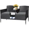 Outdoor Patio Loveseat Modern Rattan 2-Seat Patio Conversation Set with Cushions & Built-in Coffee Table Porch Furniture 2