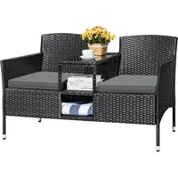 Outdoor Patio Loveseat Modern Rattan 2-Seat Patio Conversation Set with Cushions & Built-in Coffee Table Porch Furniture 2