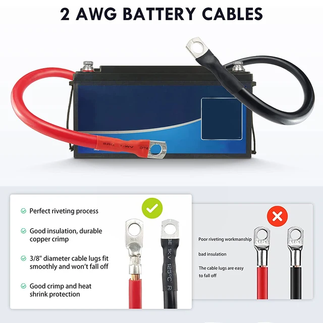 4 AWG Battery Cables - Red & Black Pure Copper Inverter Wires With Lugs (2 Feet)