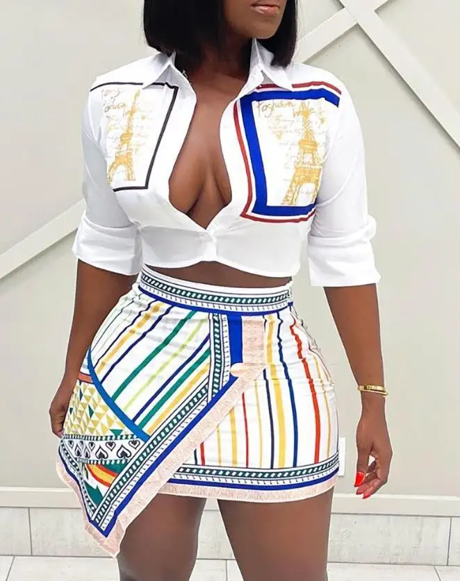 Women's Two Piece Sexy Graphic Print Turn-down Collar Buttoned Half Sleeve Shirt and Striped Asymmetrical Skinny Mini Skirt Set