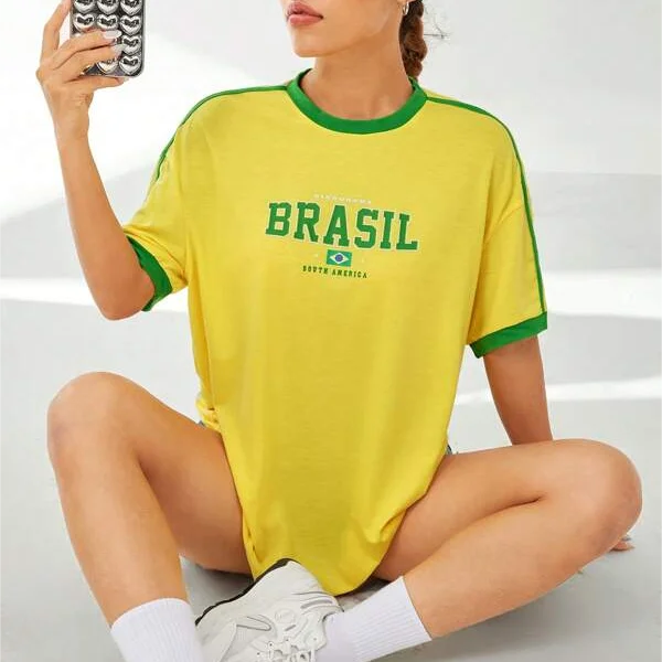 Europe and the United States loose letters yellow green top Y2K women's summer T-shirt sexy clothing street
