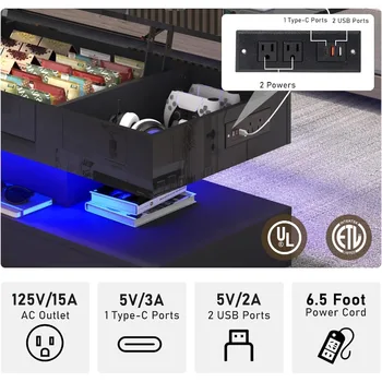 47.2 Large Lift Top Coffee TableModern High Glossy LED Coffee Tables for Living Room with Storage Black Living Room Tables for 3