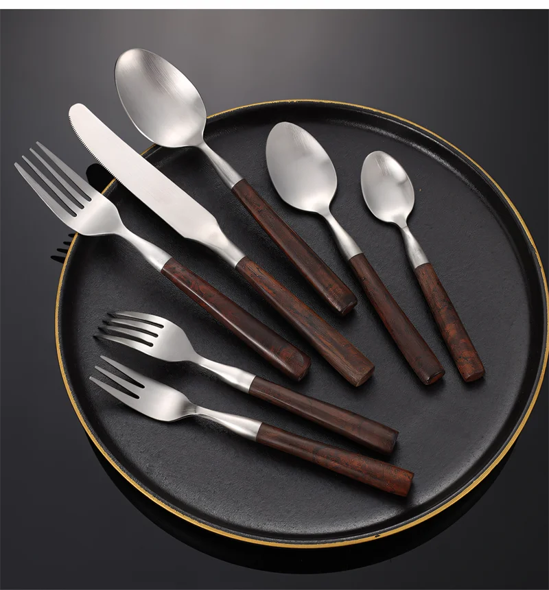 Description Picture 5 of itemStainless Steel Cutlery Set Imitation Wooden Handle Sliver Western Dinner Knife Forks Spoon Table Decoration Accessories