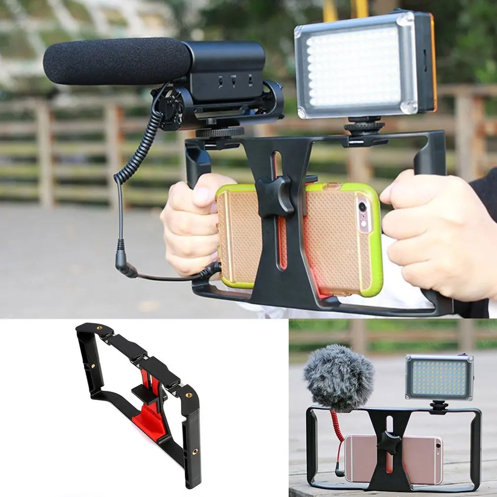Rig vidéo pour smartphone montrant les molettes de réglage et le coussin anti-vibration