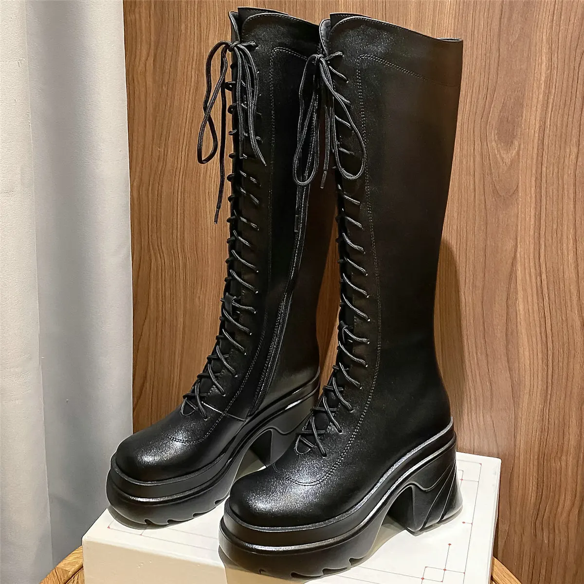 

High Heel Creepers Women Genuine Leather Knee High Motorcycle Boots Female Winter Warm Round Toe Platform Pumps Casual Shoes