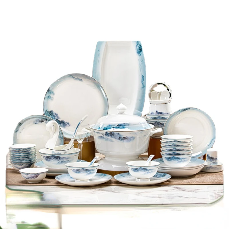 

Bowl and Dish Set Good-looking Chinese Style Bowl and Plate Light Luxury Housewarming Wedding Gift Jingdezhen