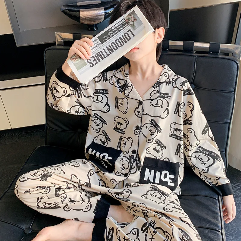 Lapel Cardigan Pajamas Set All-Over Print Bear Design Loungewear Pure Cotton Sleepwear for Big Children's Comfy Homewear