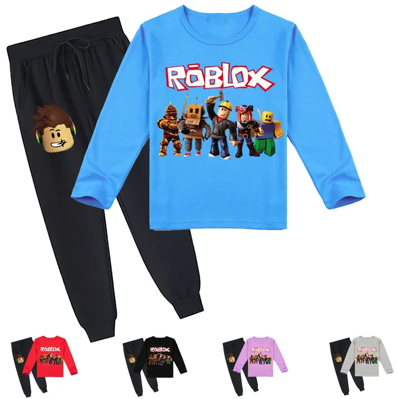 

Летняя модная футболка и брюки ROBLOX с длинным рукавом и мультяшным принтом для детей среднего и старшего возраста, костюм, Свитшот